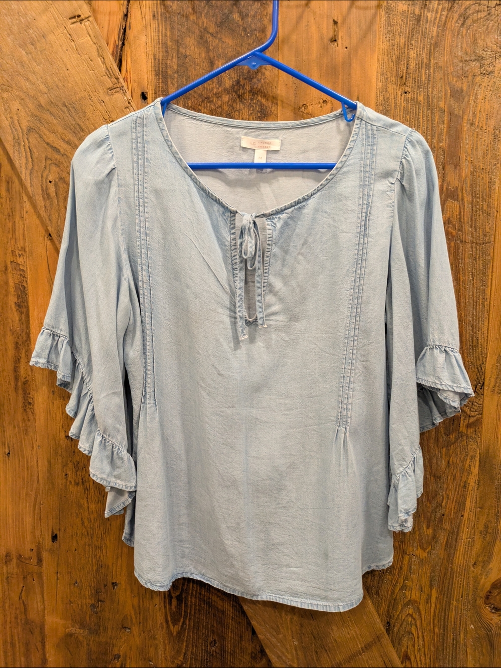LC Lauren Conrad Light Blue Ruffle Sleeve Peasant Top Soft Denim